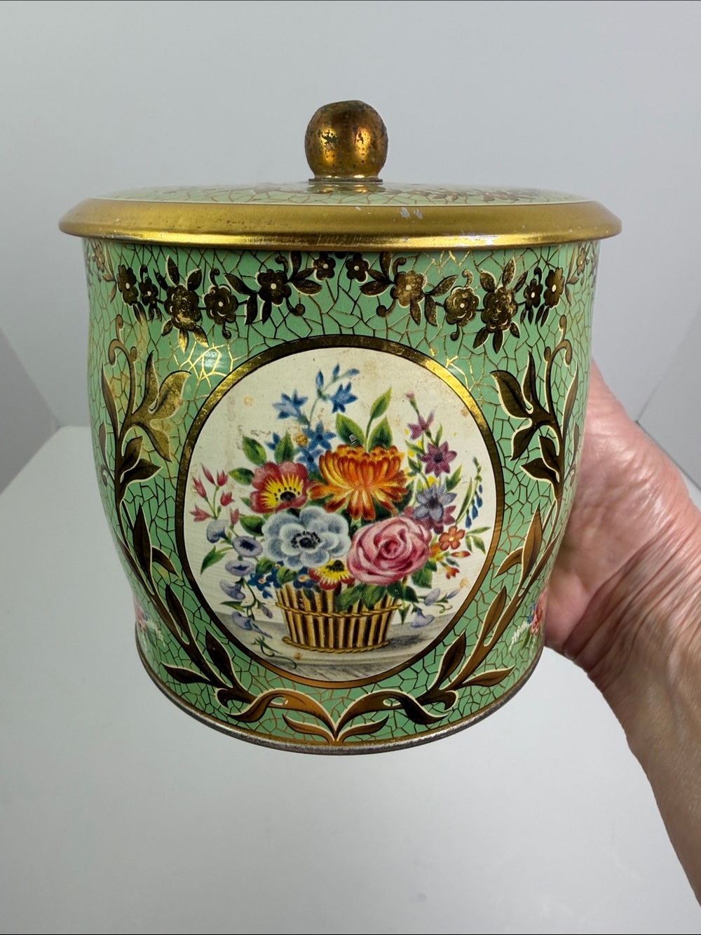 Vintage Biscuit Cookie Tea Tin England Floral Decorative Canister Gold Trim 6”